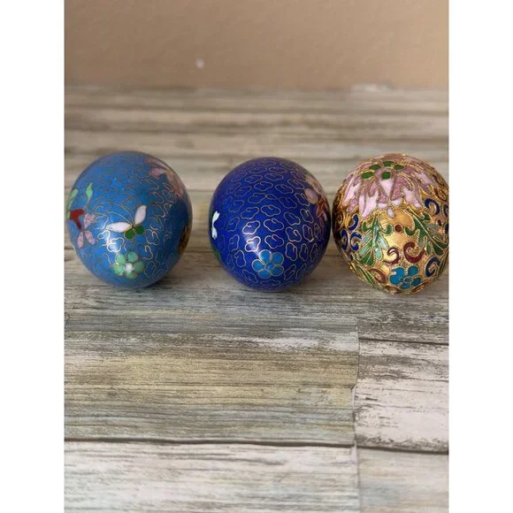 Set of 3 Asian Cloisonné Enamel Floral Eggs w/Wooden Stands Vintage Pre-owned - Picture 12 of 12
